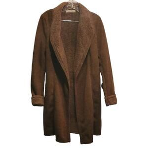 Michael Farrell Brown Gray Heather Open Front Sherpa Lined Cozy Sweater medium